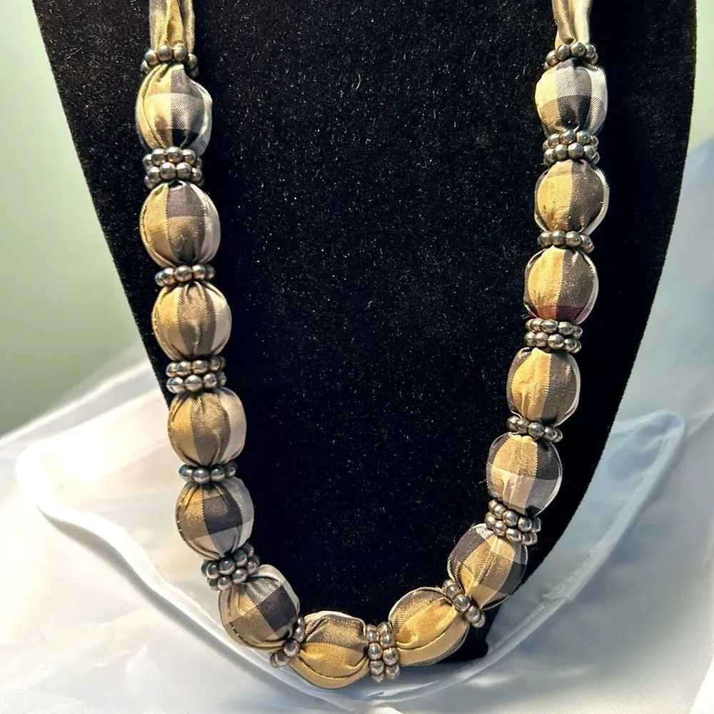 Hand Made Ribbon covered bead necklace with bead accent